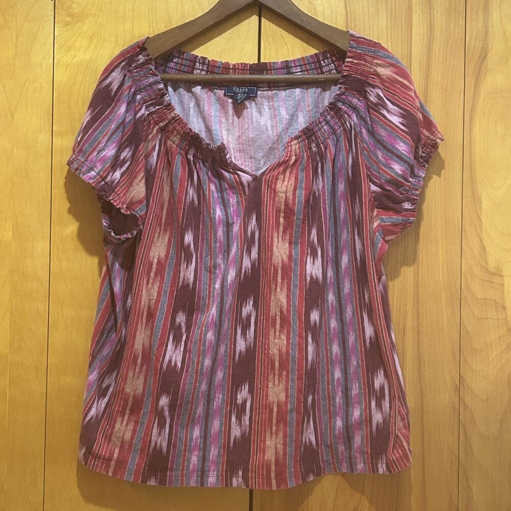 Chaps Womens Multicolor Aztec Southwestern Print‎ Top-Sz 1X-Smocked Neckline/Slv